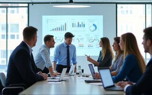 Team collaborating around a whiteboard with analytical charts.